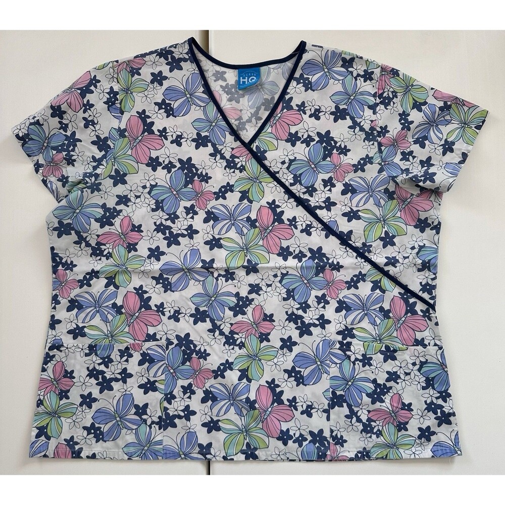 Scrub H.Q. Butterfly Floral Scrub Top Womens XL Blue Pink Faux Wrap Nurse